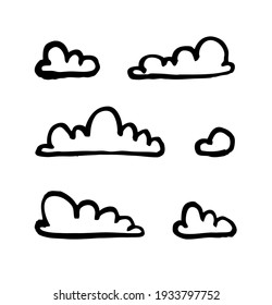 Set of funny clouds in line art style on white background. Hand drawn illustration cartoon sky. Creative paint work. Actual vector drawing