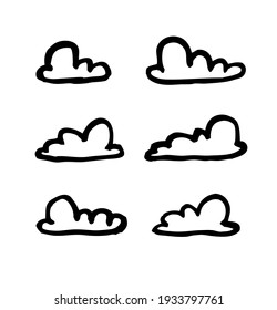 Set of funny clouds in line art style on white background. Hand drawn illustration cartoon sky. Creative paint work. Actual vector drawing