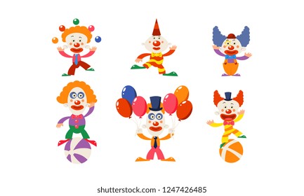 Set of funny clowns in different actions. Cartoon characters of circus artists. Flat vector for advertising poster or banner