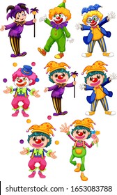 Set of funny clowns in different costumes  illustration