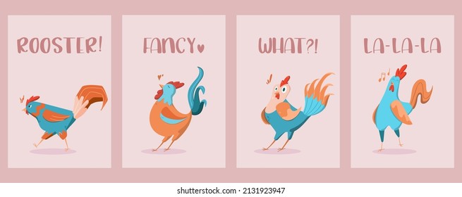 A set of funny cocks. Character rooster. Vector cartoon illustration of cockerel. A set of postcards with cute cocks showing different emotions.