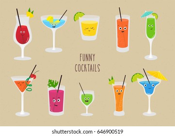 Set of  funny cocktails. Colorful drinks in different glasses with straw. Vector illustration in cartoon style.