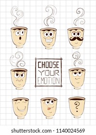 Set of funny coffee characters. Choose your emotion.
