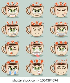 Set of funny coffee cups with different emotions. Vector emoji cacao set. Coffee cup logo funny stickers. Cartoon cute mug with face emoticons. Design for print, t-shirt, party decoration, logotype.