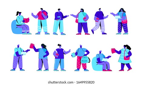 Set of funny college or university students or pupils preparing for exams. Bundle of classmates or schoolmates. Collection of boys and girls with textbooks and laptops. Flat blue vector illustration.