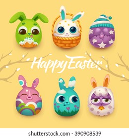 Set of funny color Easter rabbits