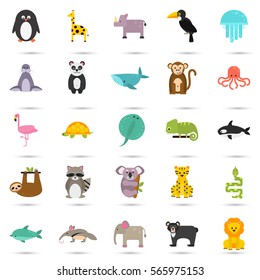 Set of funny color flat animals icons