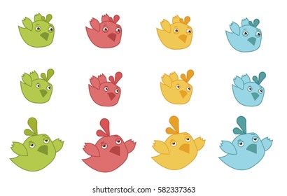 Set of funny color vector birds on white background.
