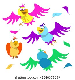 Set of funny colored birds with different expression,open or close mouth and spread or folded wings. Cartoon vector illustration on white background.