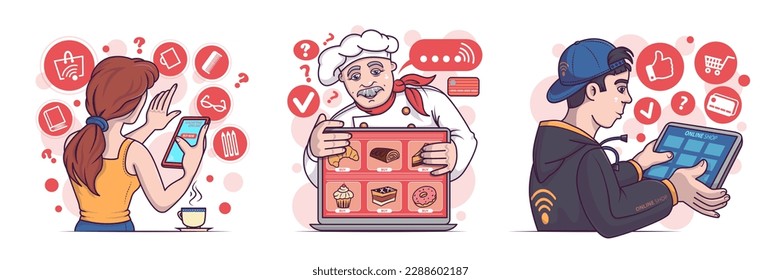 Set of funny colored cartoon characters making purchases of goods via Internet. Concept of shopping online using mobile apps. Shopaholic people and ecommerce business. Vector