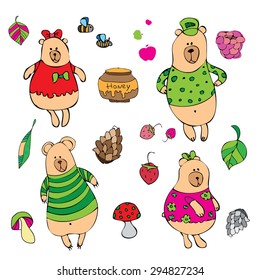 set of funny colored clothing bears , forest animals . Berries, fruits , mushrooms , bees , honey . sketch with elements for design . Greeting Cards to illustrate children's books .white background