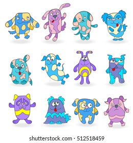 Set of funny colored dogs on a white background isolated
