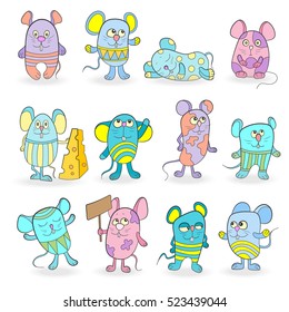 Set of funny colored mouses on a white background isolated