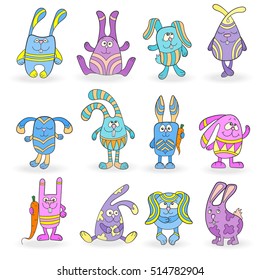 Set of funny colored rabbits on a white background isolated