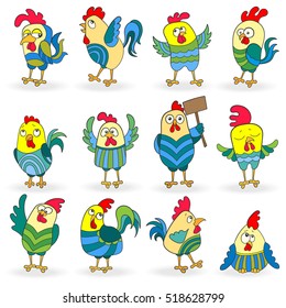 Set of funny colored roosters on a white background isolated