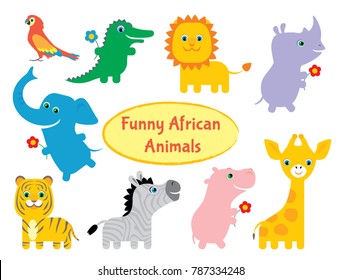 Set of funny colorful African animals isolated on white. Parrot, crocodile, lion, rhino, elephant, tiger, zebra, hippopotamus, giraffe. Cartoon kids style. Vector simple flat illustration.