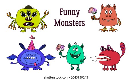 Set of Funny Colorful Cartoon Characters, Different Monsters, Elements for your Design, Prints and Banners, Isolated on White Background. Vector