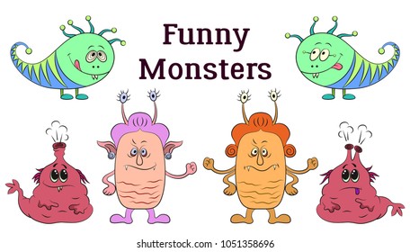 Set of Funny Colorful Cartoon Characters, Different Monsters, Elements for your Design, Prints and Banners, Isolated on White Background. Vector