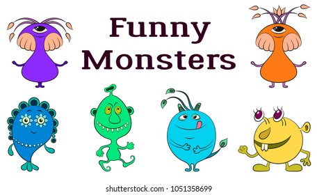 Set of Funny Colorful Cartoon Characters, Different Monsters, Elements for your Design, Prints and Banners, Isolated on White Background. Vector