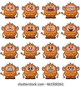 Set of Funny Colorful Cartoon Characters, Cute Monsters in Overalls with Different Faces and Emotions, Elements for your Design, Prints and Banners, Isolated on White Background. Vector