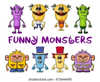 Set of Funny Colorful Cartoon Characters, Different Monsters, Elements for your Design, Prints and Banners, Isolated on White Background. Vector