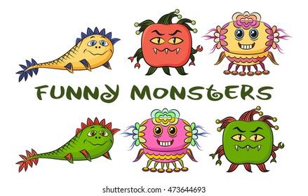 Set of Funny Colorful Cartoon Characters, Different Monsters, Elements for your Design, Prints and Banners, Isolated on White Background. Vector