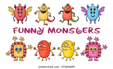 Set of Funny Colorful Cartoon Characters, Different Monsters, Elements for your Design, Prints and Banners, Isolated on White Background. Vector