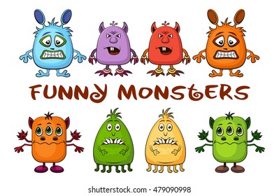 Set of Funny Colorful Cartoon Characters, Different Monsters, Elements for your Design, Prints and Banners, Isolated on White Background. Vector