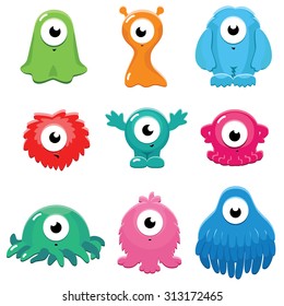 Set of funny colorful cartoon one-eye monsters