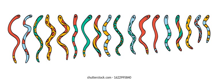 Set of funny colorful crawling snakes. Cartoon characters of various snakes. Isolated flat vector design for postcard, invitations, sticker or children’s book