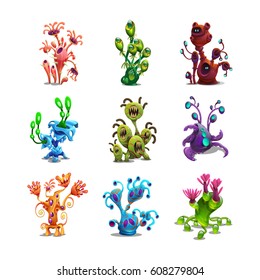 Set of funny colorful fantasy alien plants isolated on white background. Vector illustration.