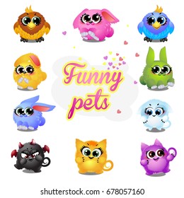Set of funny colorful fantasy pets with big trusting eyes isolated on white background. Elements to create images, cards and other graphics in style for children. Vector cartoon close-up illustration.