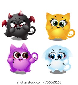 Set of funny colorful fantasy pets with big trusting eyes isolated on white background. Elements to create images, cards and other graphics in style for children. Vector cartoon close-up illustration.