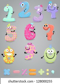 Set of funny colorful figures (numbers) with eyes and hands and some punctuation marks