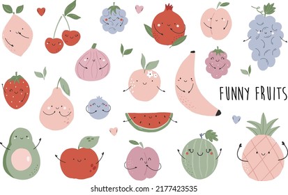Set of funny colorful fruit characters grape, avocado, watermelon, pear, colorful flat illustrations