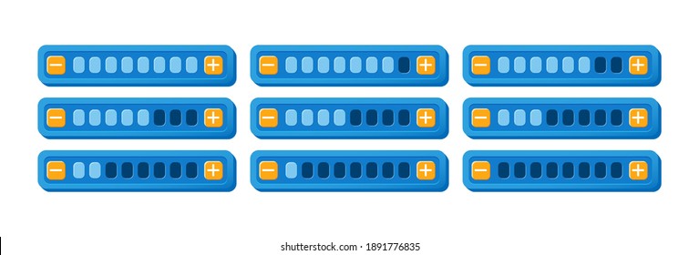 set of funny colorful game ui progress bar panel with increase and decrease button for gui asset elements vector illustration