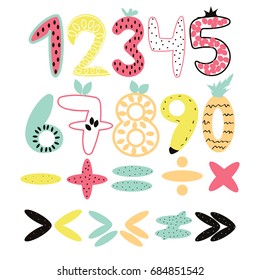 Set of funny colorful numbers and mathematical symbols. Vector hand drawn illustration.