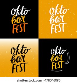 Set of Funny Colorful Oktoberfest Banners. Vector Hand Drawn Lettering. Bright Background Concept with Beer.