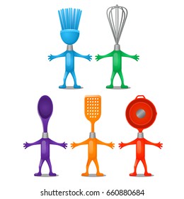 Set of funny colorful toy gift in the form of elements of kitchen utensils and crockery isolated on white background. Vector cartoon close-up illustration.
