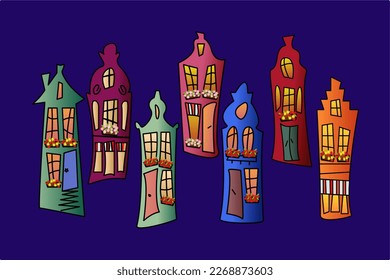 Set of funny coloured old houses  in the Dutch style on dark background. Doodle vector illustration.