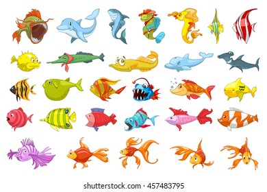 Set of funny colourful fish illustrations. Collection of sea fauna including dolphin, piranha, shark, fish hedgehog, gold fish. Vector illustration isolated on white background.