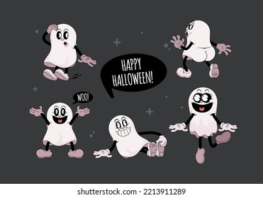 Set of funny comic ghosts in retro cartoon style. Cute comic gloved hands characters in Contemporary style. Doodle comic characters for autumn holiday of the halloween.