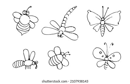 Set of Funny comical insect. Outline sketch. Hand drawing is isolated on a white background. Vector