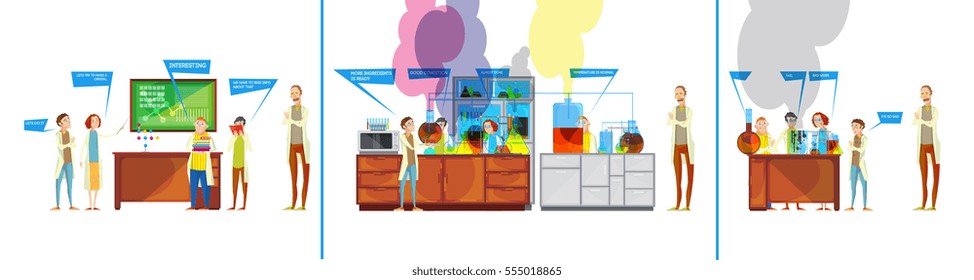 Set of funny comics compositions with student characters in the chemical laboratory failing to perform experiment vector illustration