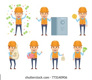 Set of funny construction worker characters posing with money. Cheerful worker holding money bag, piggy bank, coin and showing other actions. Flat style vector illustration