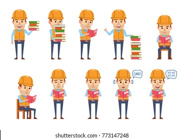 Set of funny construction worker characters posing with book. Cheerful worker reading book or diary, laughing, surprised, crying and showing other actions. Flat vector illustration
