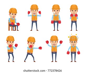 Set of funny construction workers posing with boxing gloves. Cheerful worker boxing, attacking, defending, dazed and showing other actions. Flat style vector illustration