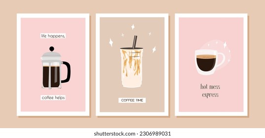 Set of funny contemporary prints with french press pot, ice coffee takeaway and espresso. Kitchen wall art poster with text. Alternative coffee brewing methods. Trendy vector flat style illustration.