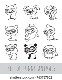 Set of funny contour cartoon animals on white background. Isolated black and white vector illustration.