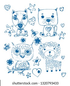 Set of funny cool fantasy animals for children coloring books or t-shirts. Hand drawn line art cartoon vector illustration